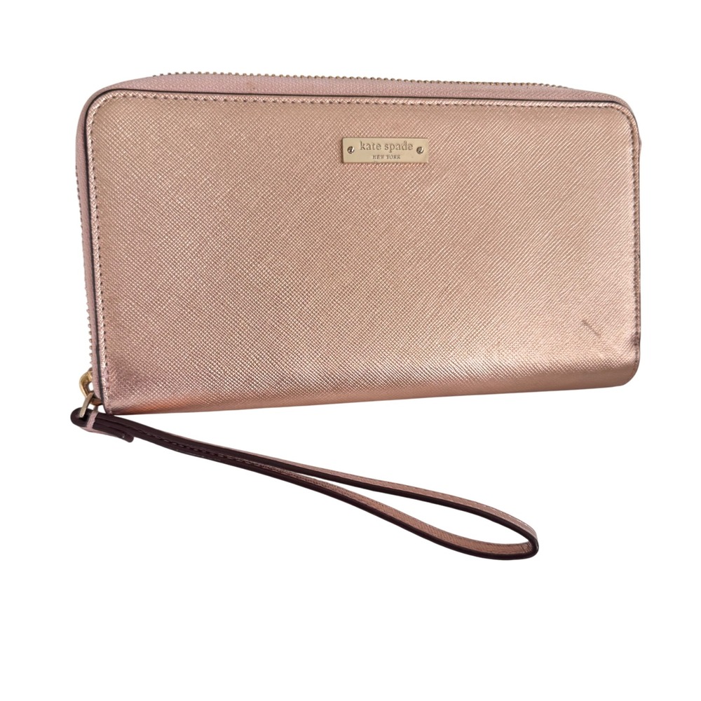 Kate Spade Neda Wristlet Wallet Zip Around Metallic Rose Gold Clutch‎ 8x4" EUC